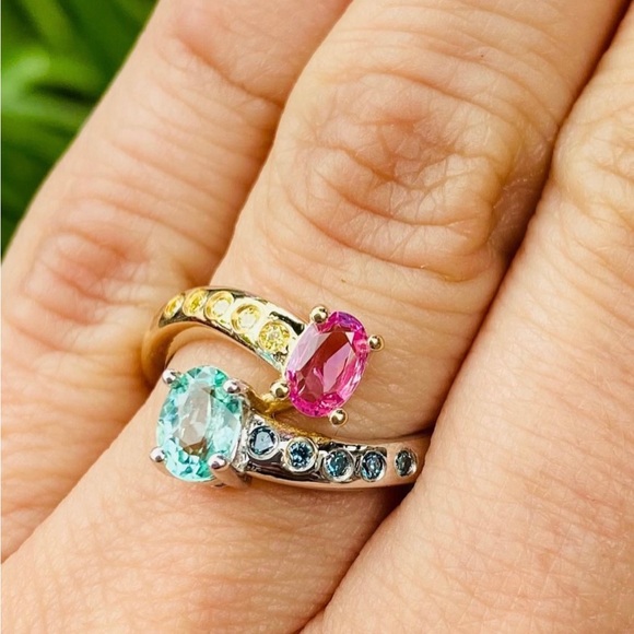 Paraiba and Pink Sapphire Ring with Blue and Yellow Diamonds Size 6.5 - Picture 2 of 6